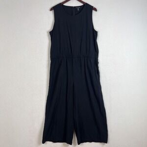 Eileen Fisher Sz XL Black Sleeveless Wide Leg Crop Elastic Waist Tencel Jumpsuit